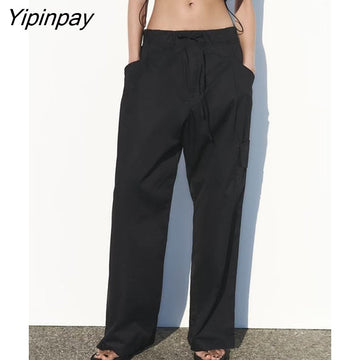 Yipinpay 2023 New Fashion Women Solid Cargo Pants Summer High Waist Straight Long Pants Casual High Street Pocket Outwear Two Colors